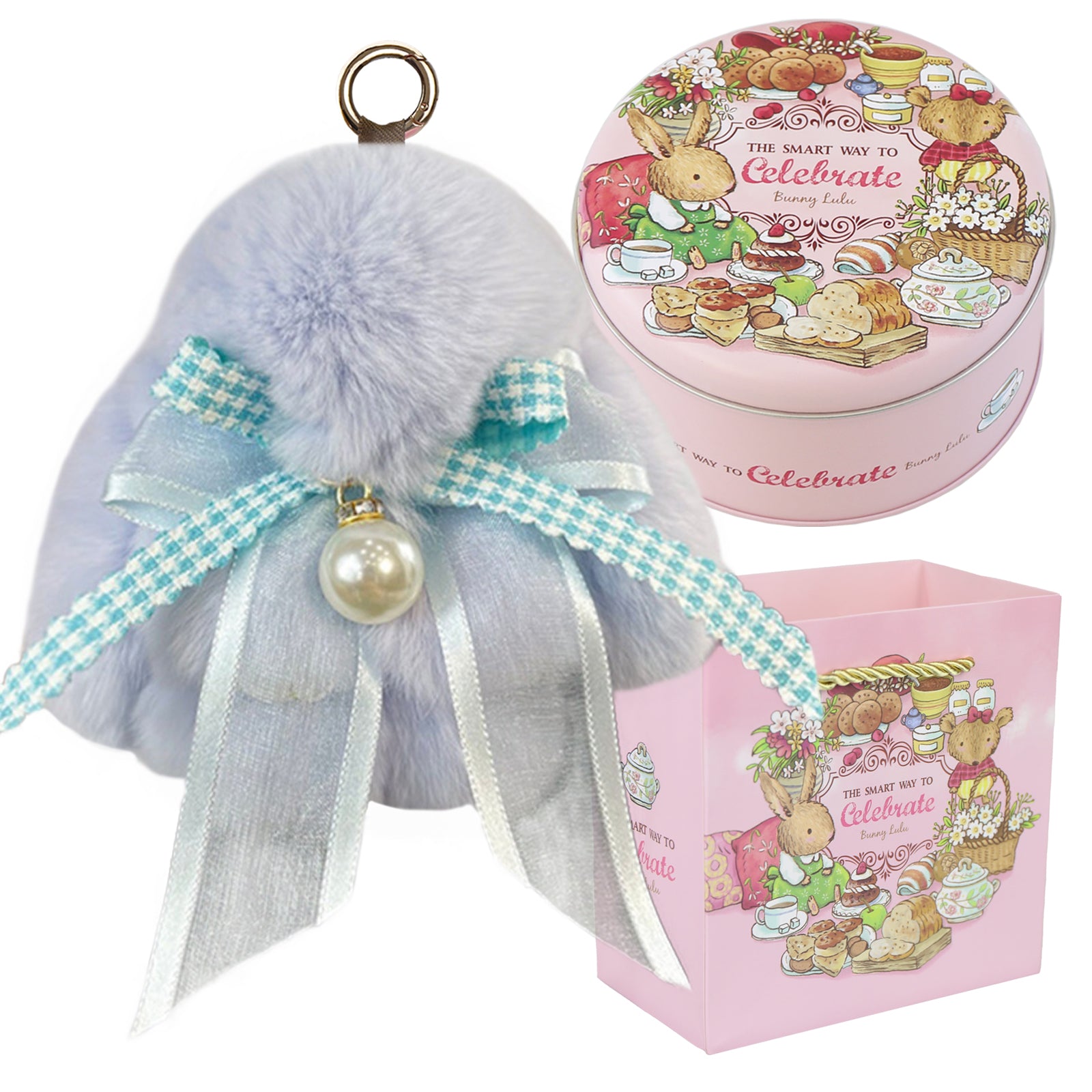 Bunny Lulu Keychain with Tin & Bag Soft Plush Bunny Keychian with Pearl Bow Key Accessory Ideal Choice for Birthday Anniversary & Holiday