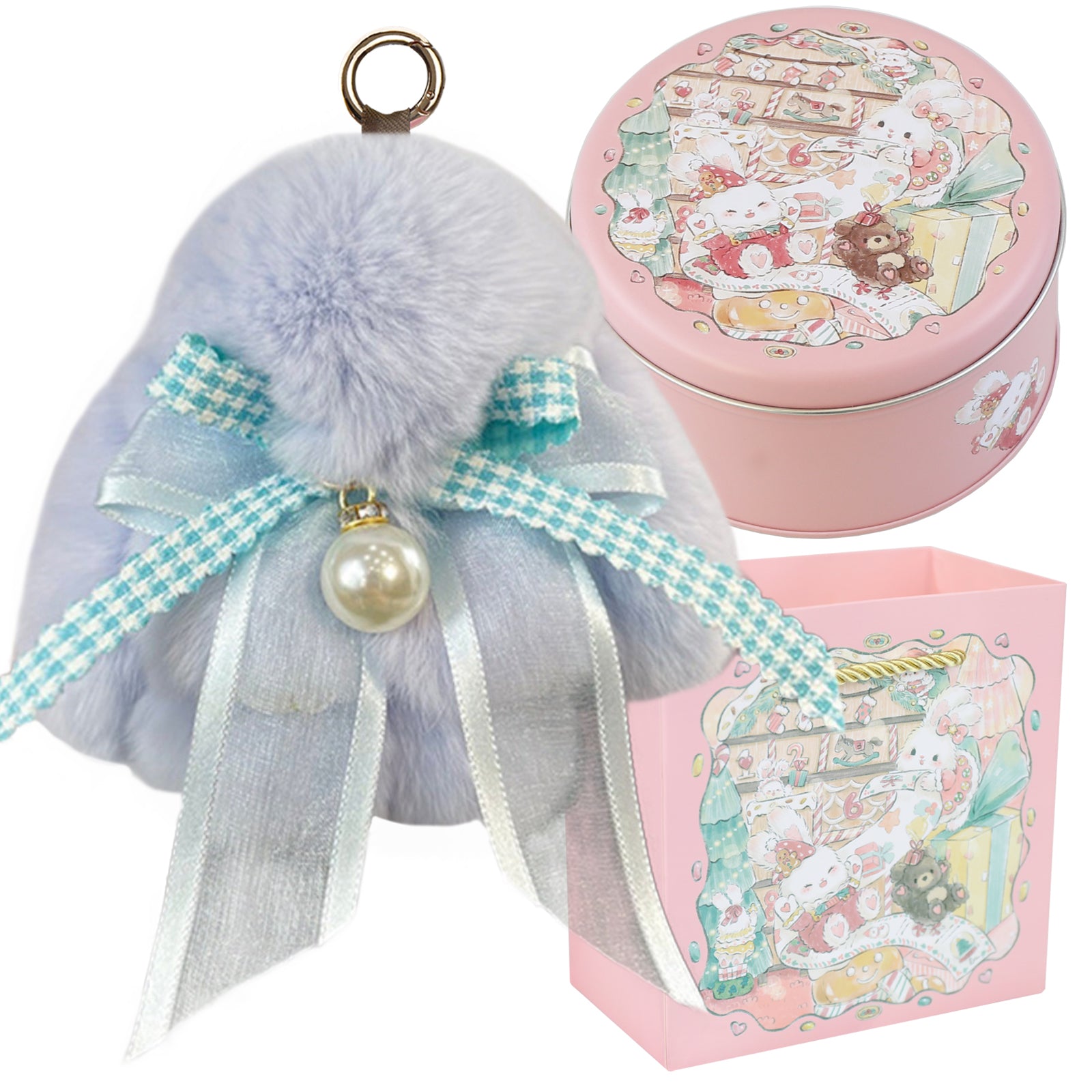 Bunny Lulu Keychain with Tin & Bag Soft Plush Bunny Keychian with Pearl Bow Key Accessory Ideal Choice for Birthday Anniversary & Holiday