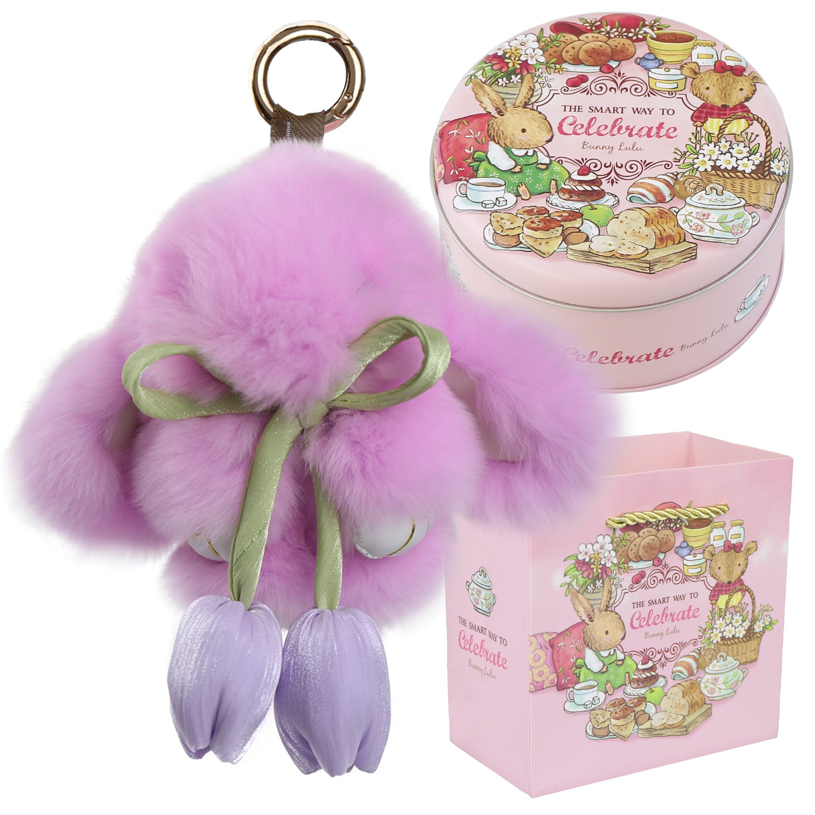 Bunny Lulu Keychain with Tin & Bag Soft Cute Plush Fluffy Tulip Bunnylulu Keychain with Optional Tin and Bag