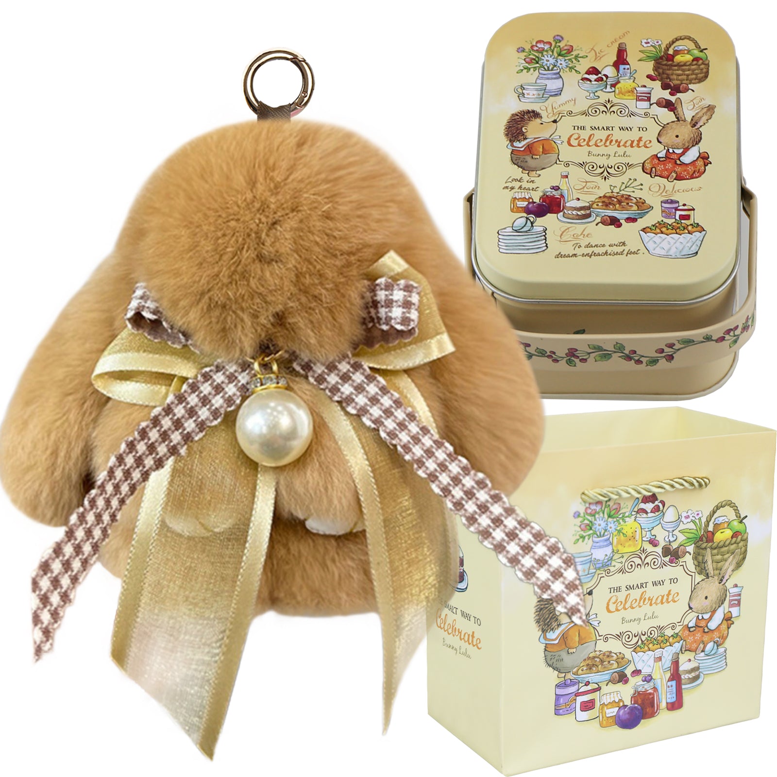 Bunny Lulu Keychain with Tin & Bag Soft Plush Bunny Keychian with Pearl Bow Key Accessory Ideal Choice for Birthday Anniversary & Holiday