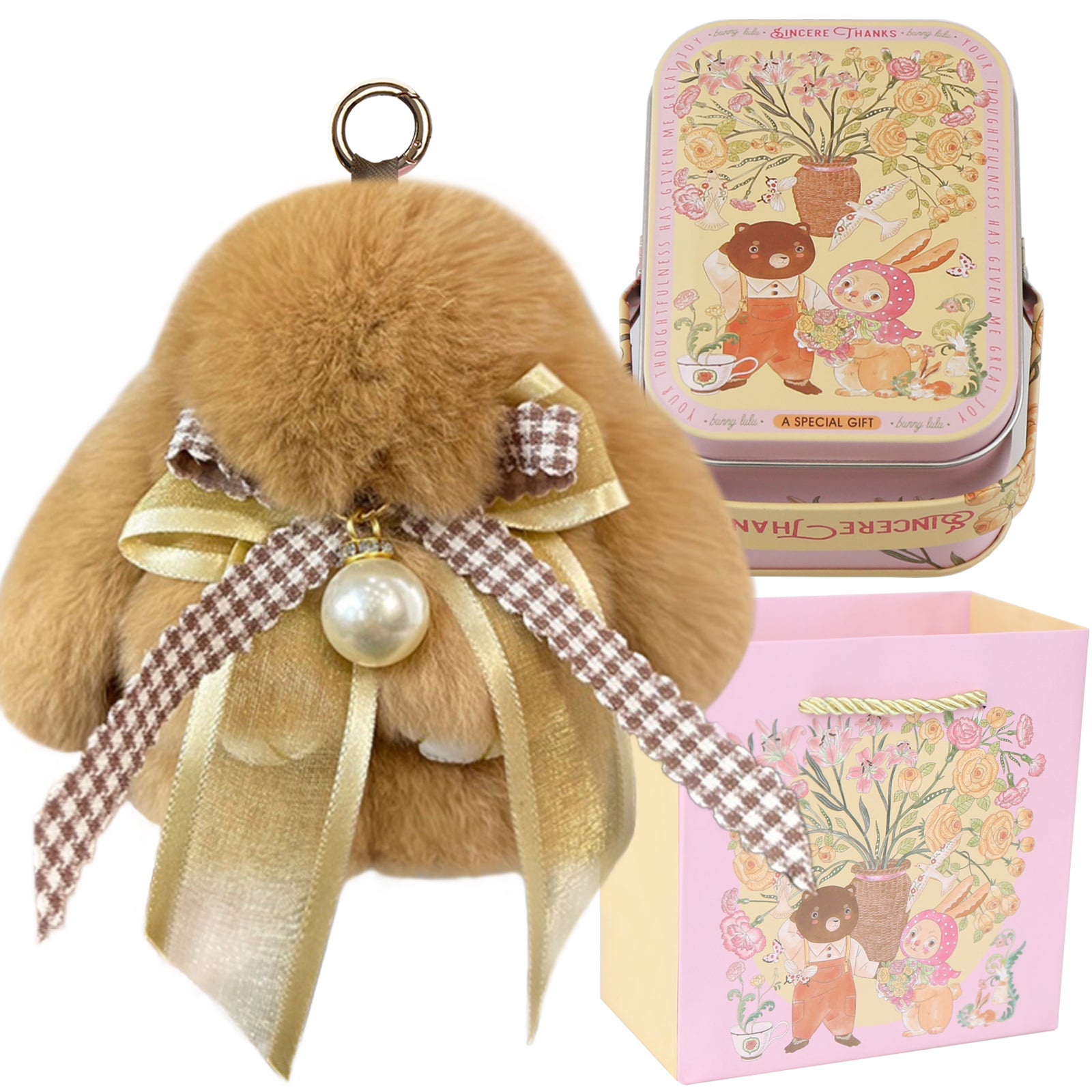 Bunny Lulu Keychain with Tin & Bag Soft Plush Bunny Keychian with Pearl Bow Key Accessory Ideal Choice for Birthday Anniversary & Holiday