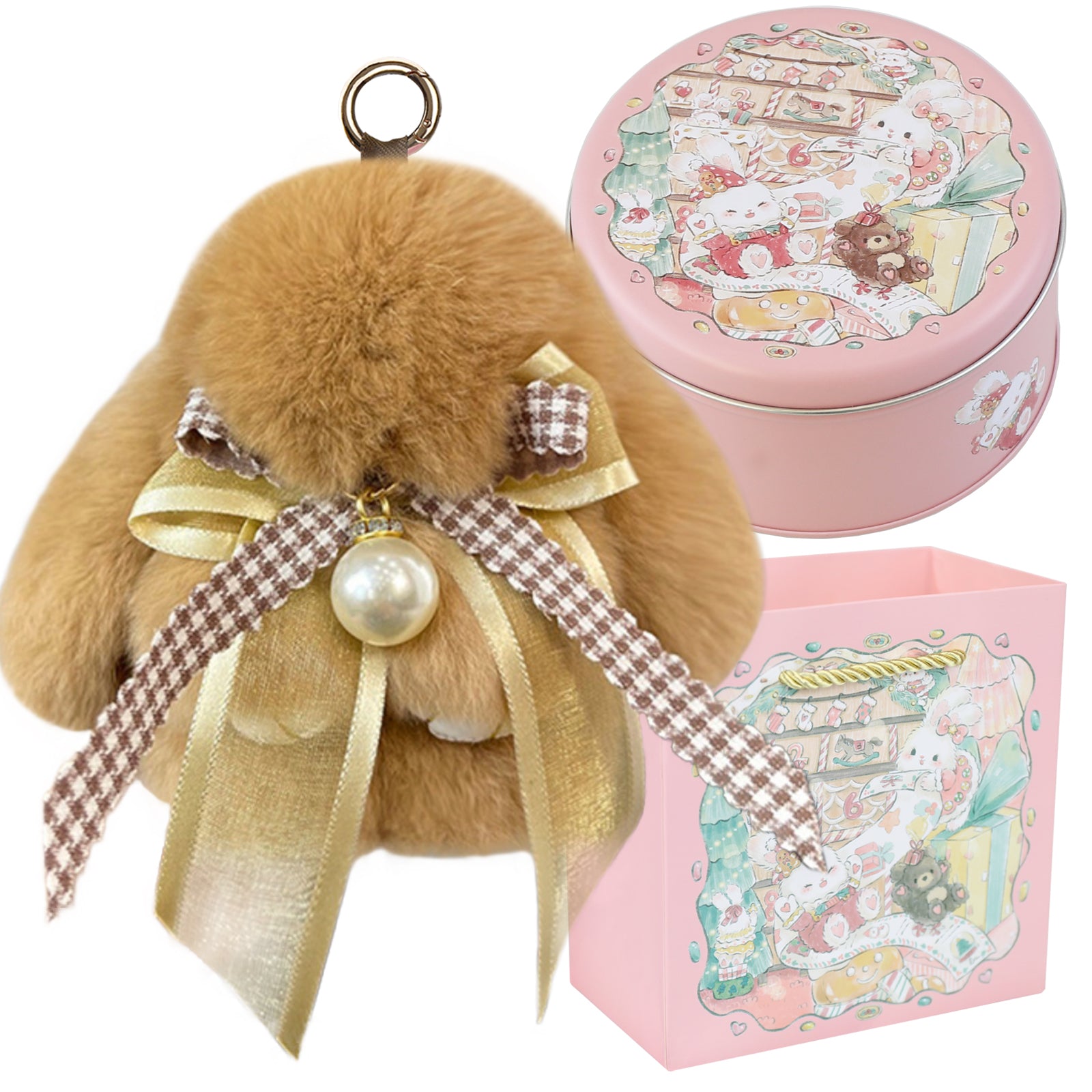 Bunny Lulu Keychain with Tin & Bag Soft Plush Bunny Keychian with Pearl Bow Key Accessory Ideal Choice for Birthday Anniversary & Holiday