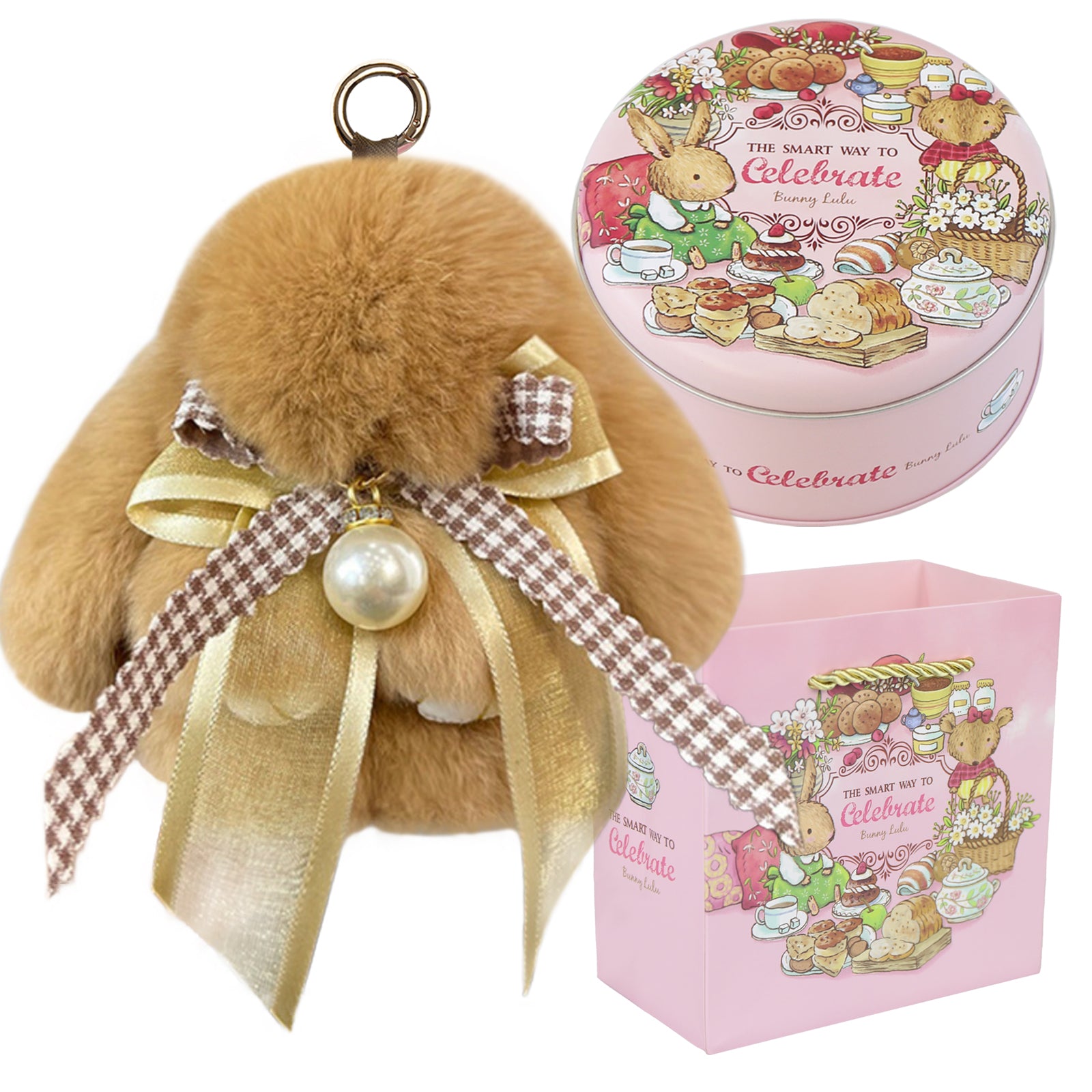 Bunny Lulu Keychain with Tin & Bag Soft Plush Bunny Keychian with Pearl Bow Key Accessory Ideal Choice for Birthday Anniversary & Holiday
