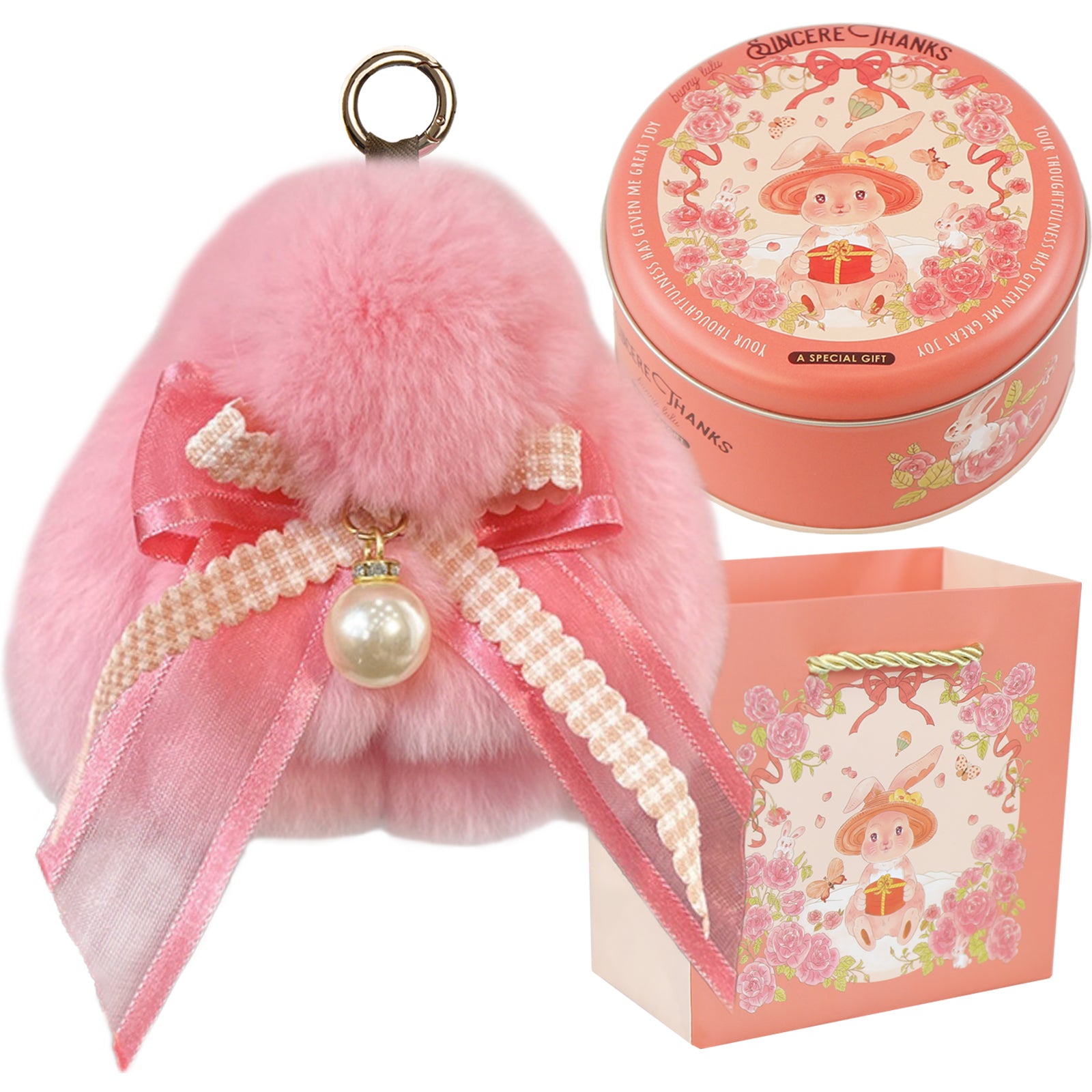 Bunny Lulu Keychain with Tin & Bag Soft Plush Bunny Keychian with Pearl Bow Key Accessory Ideal Choice for Birthday Anniversary & Holiday
