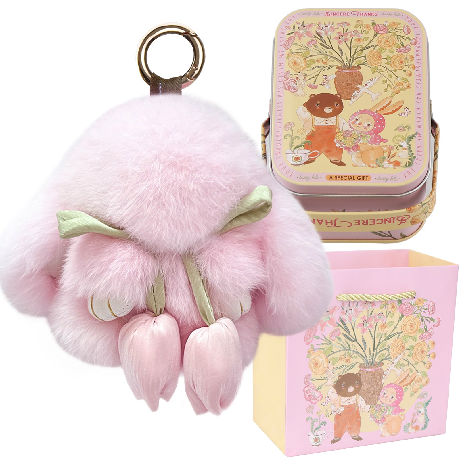 Bunny Lulu Keychain with Tin & Bag Soft Cute Plush Fluffy Tulip Bunnylulu Keychain with Optional Tin and Bag