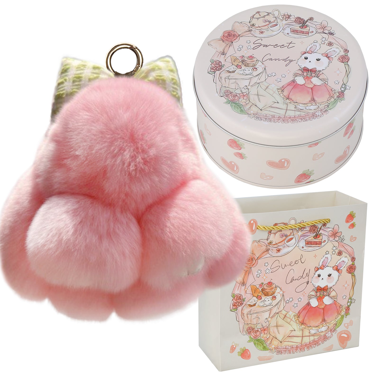 Bunny Lulu Keychain with Tin & Bag Rabbit Fur Bunny Lulu Keychain With Bow for Women Cute Soft Plush Accessory