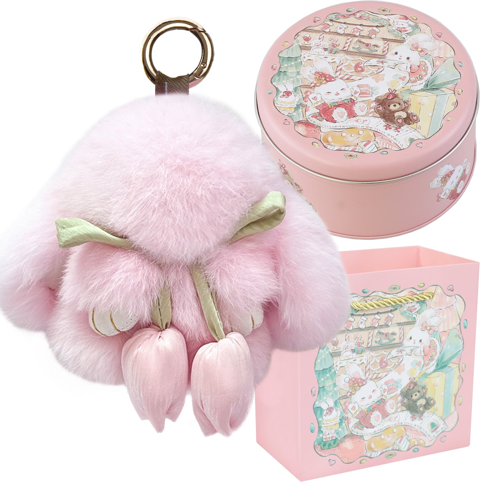 Bunny Lulu Keychain with Tin & Bag Soft Cute Plush Fluffy Tulip Bunnylulu Keychain with Optional Tin and Bag