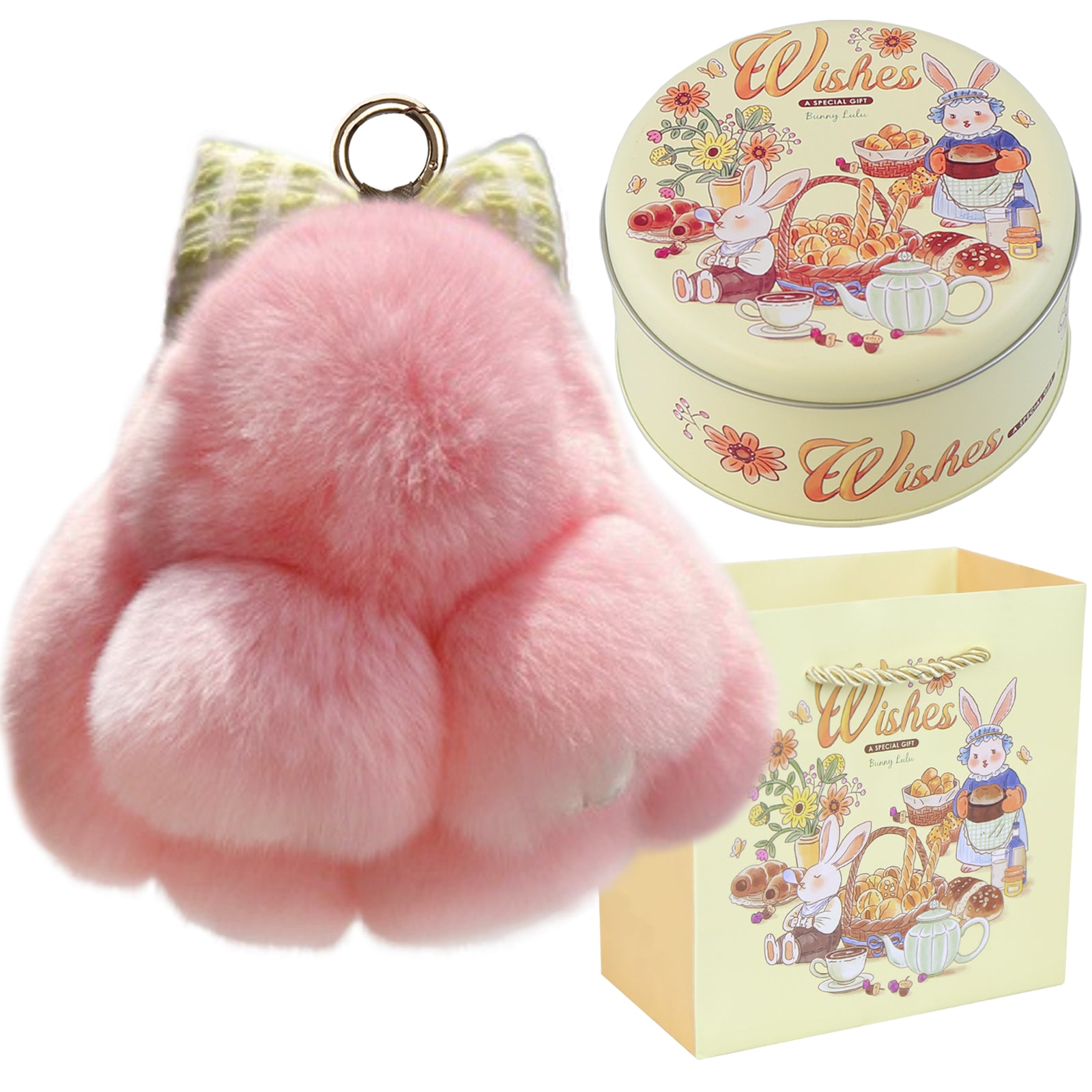 Bunny Lulu Keychain with Tin & Bag Rabbit Fur Bunny Lulu Keychain With Bow for Women Cute Soft Plush Accessory