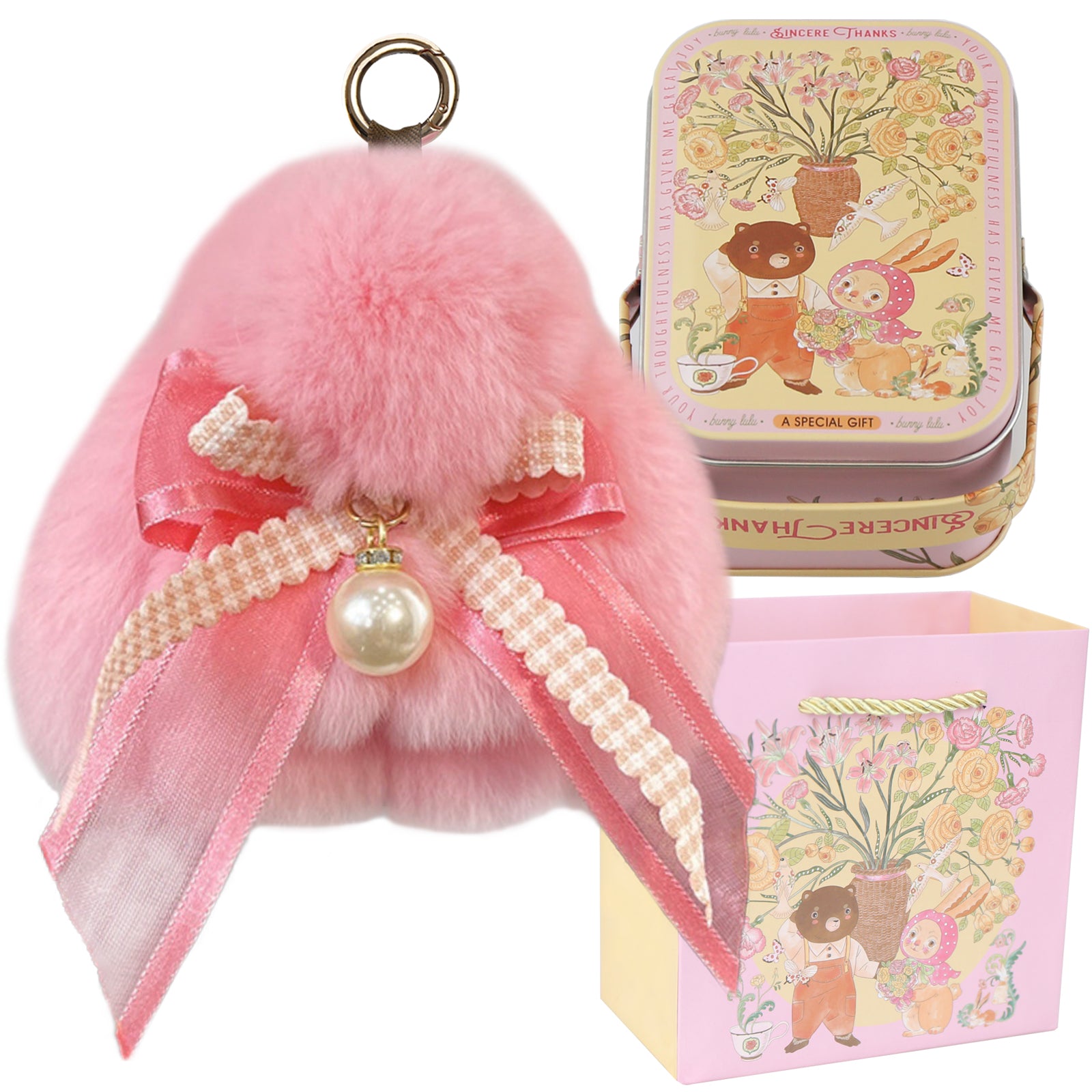 Bunny Lulu Keychain with Tin & Bag Soft Plush Bunny Keychian with Pearl Bow Key Accessory Ideal Choice for Birthday Anniversary & Holiday