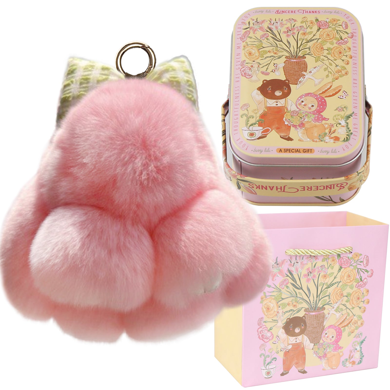 Bunny Lulu Keychain with Tin & Bag Rabbit Fur Bunny Lulu Keychain With Bow for Women Cute Soft Plush Accessory