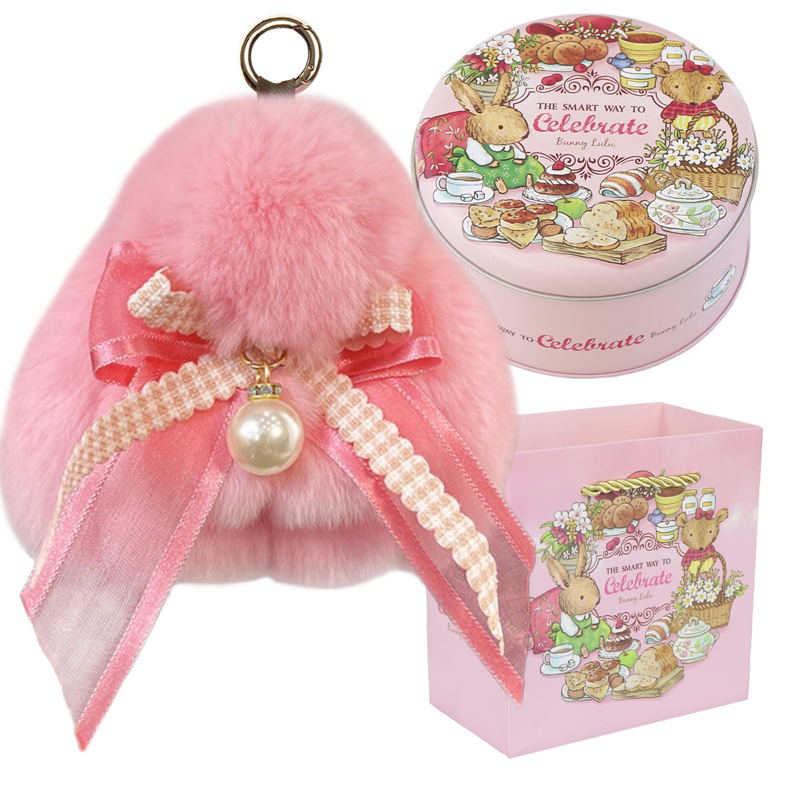 Bunny Lulu Keychain with Tin & Bag Soft Plush Bunny Keychian with Pearl Bow Key Accessory Ideal Choice for Birthday Anniversary & Holiday