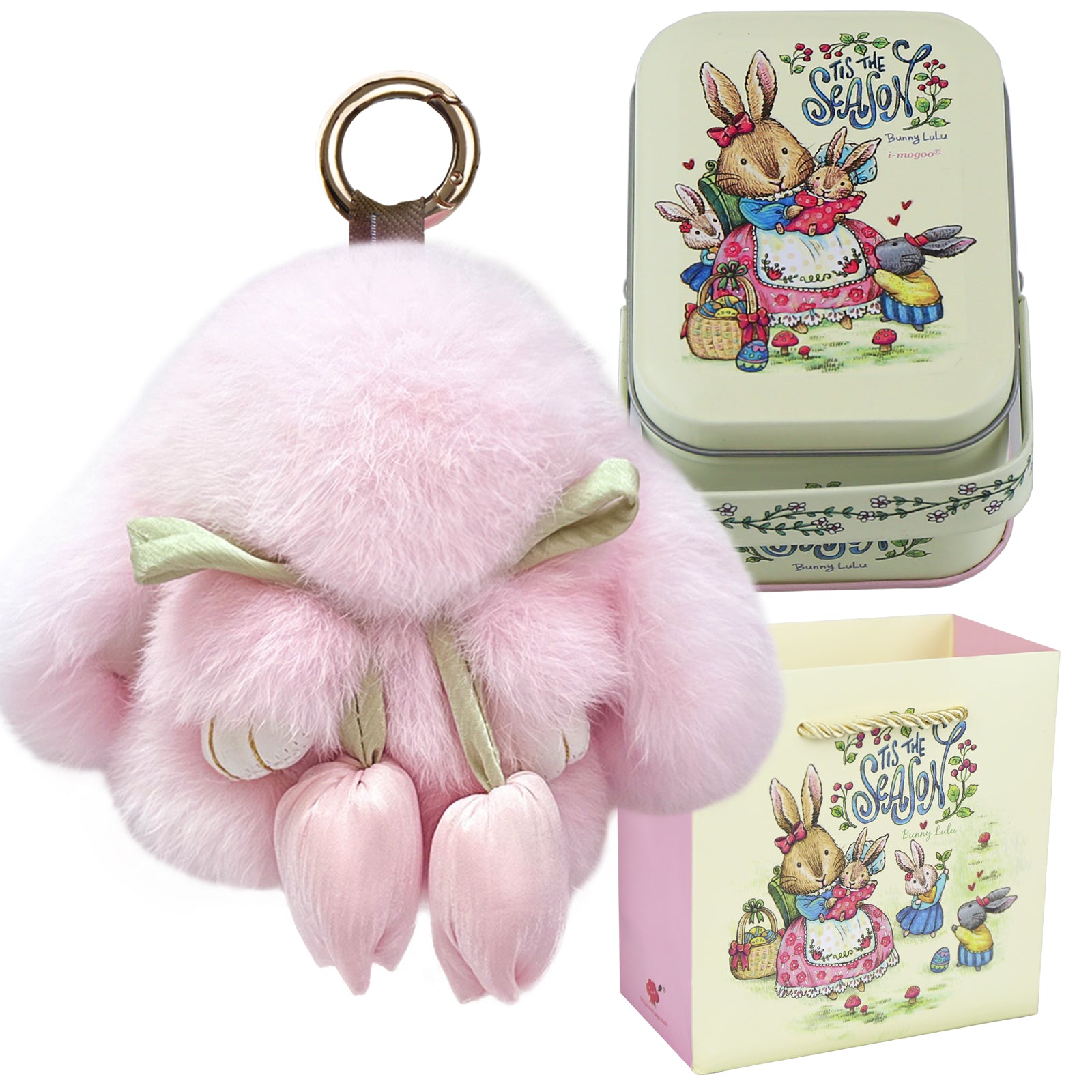 Bunny Lulu Keychain with Tin & Bag Soft Cute Plush Fluffy Tulip Bunnylulu Keychain with Optional Tin and Bag