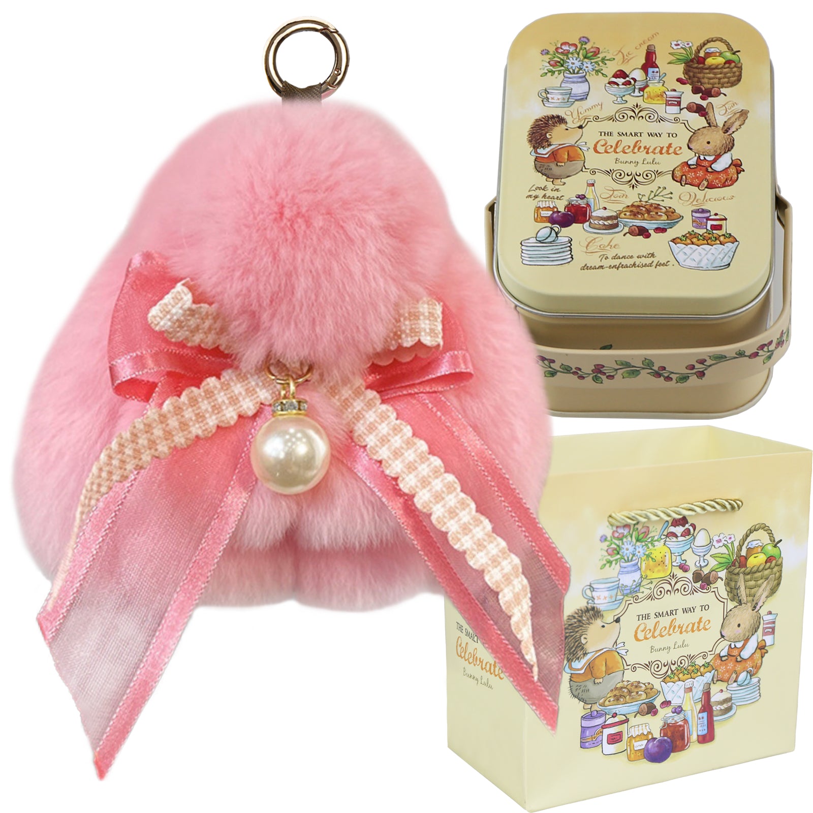Bunny Lulu Keychain with Tin & Bag Soft Plush Bunny Keychian with Pearl Bow Key Accessory Ideal Choice for Birthday Anniversary & Holiday