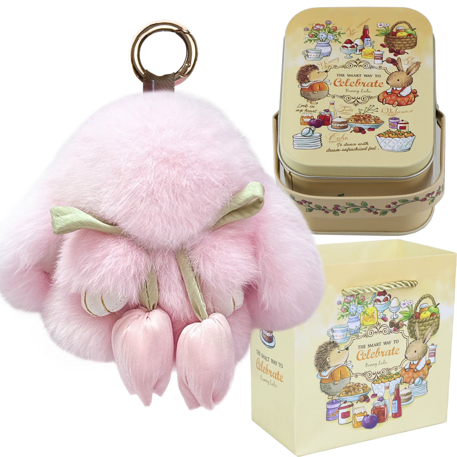 Bunny Lulu Keychain with Tin & Bag Soft Cute Plush Fluffy Tulip Bunnylulu Keychain with Optional Tin and Bag