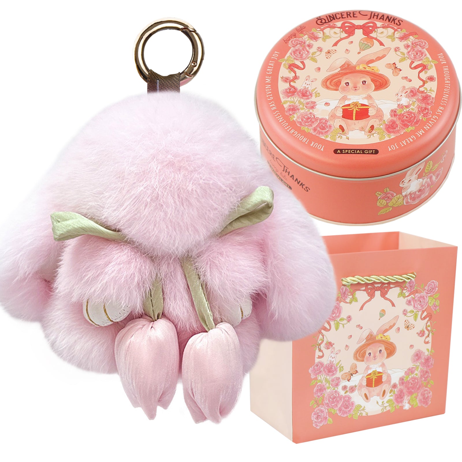 Bunny Lulu Keychain with Tin & Bag Soft Cute Plush Fluffy Tulip Bunnylulu Keychain with Optional Tin and Bag