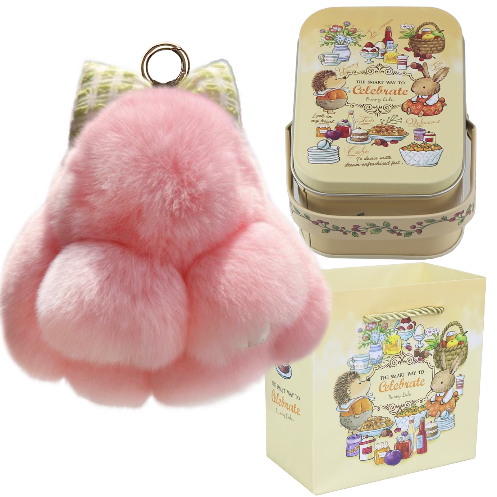 Bunny Lulu Keychain with Tin & Bag Rabbit Fur Bunny Lulu Keychain With Bow for Women Cute Soft Plush Accessory