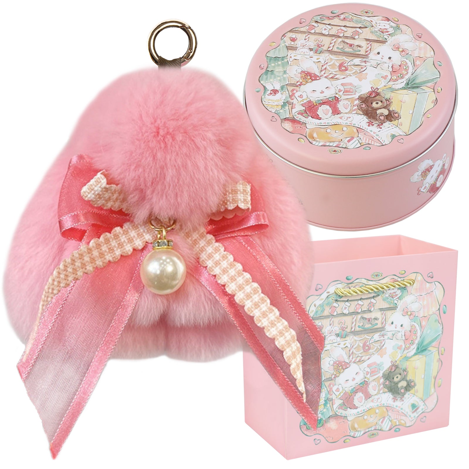 Bunny Lulu Keychain with Tin & Bag Soft Plush Bunny Keychian with Pearl Bow Key Accessory Ideal Choice for Birthday Anniversary & Holiday