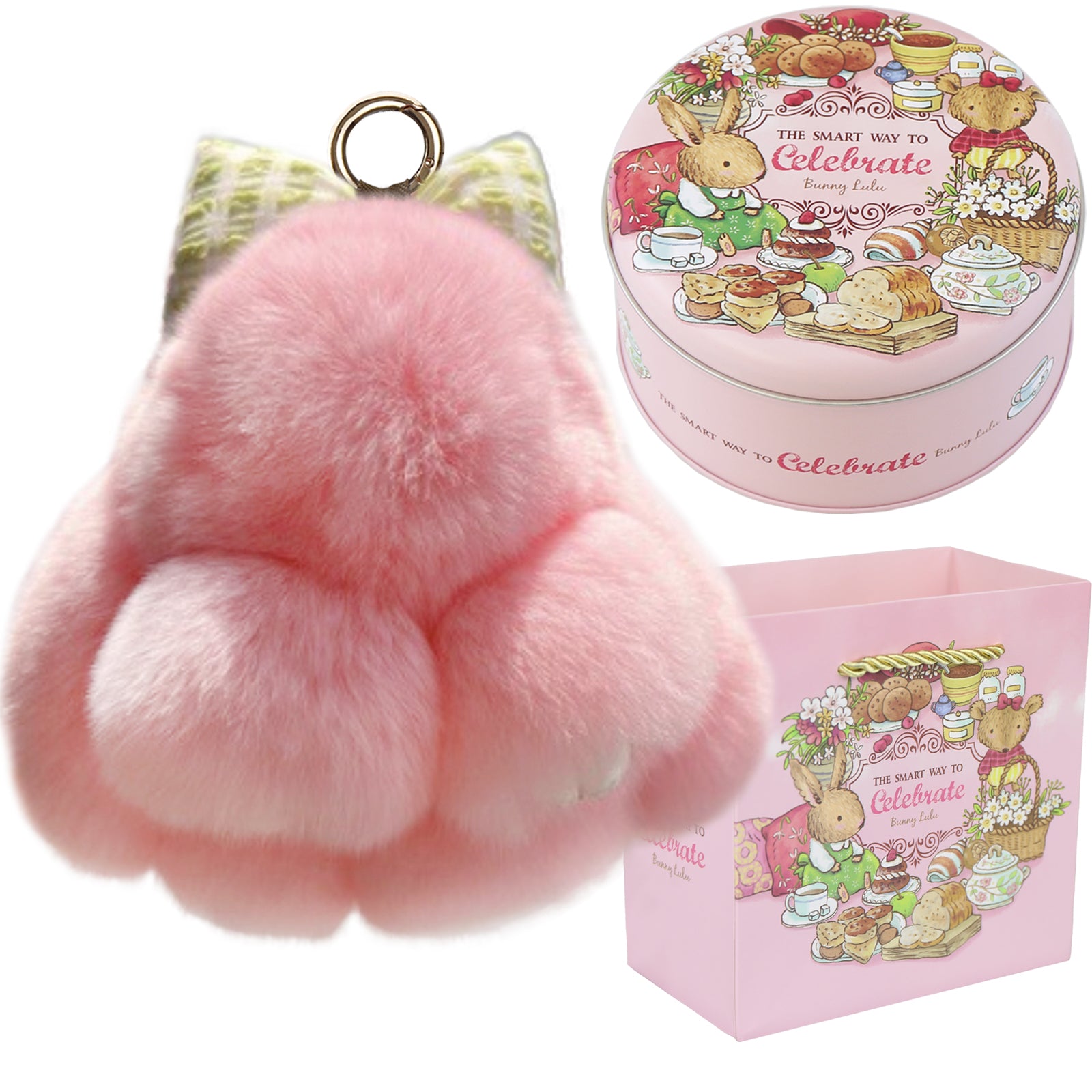 Bunny Lulu Keychain with Tin & Bag Rabbit Fur Bunny Lulu Keychain With Bow for Women Cute Soft Plush Accessory