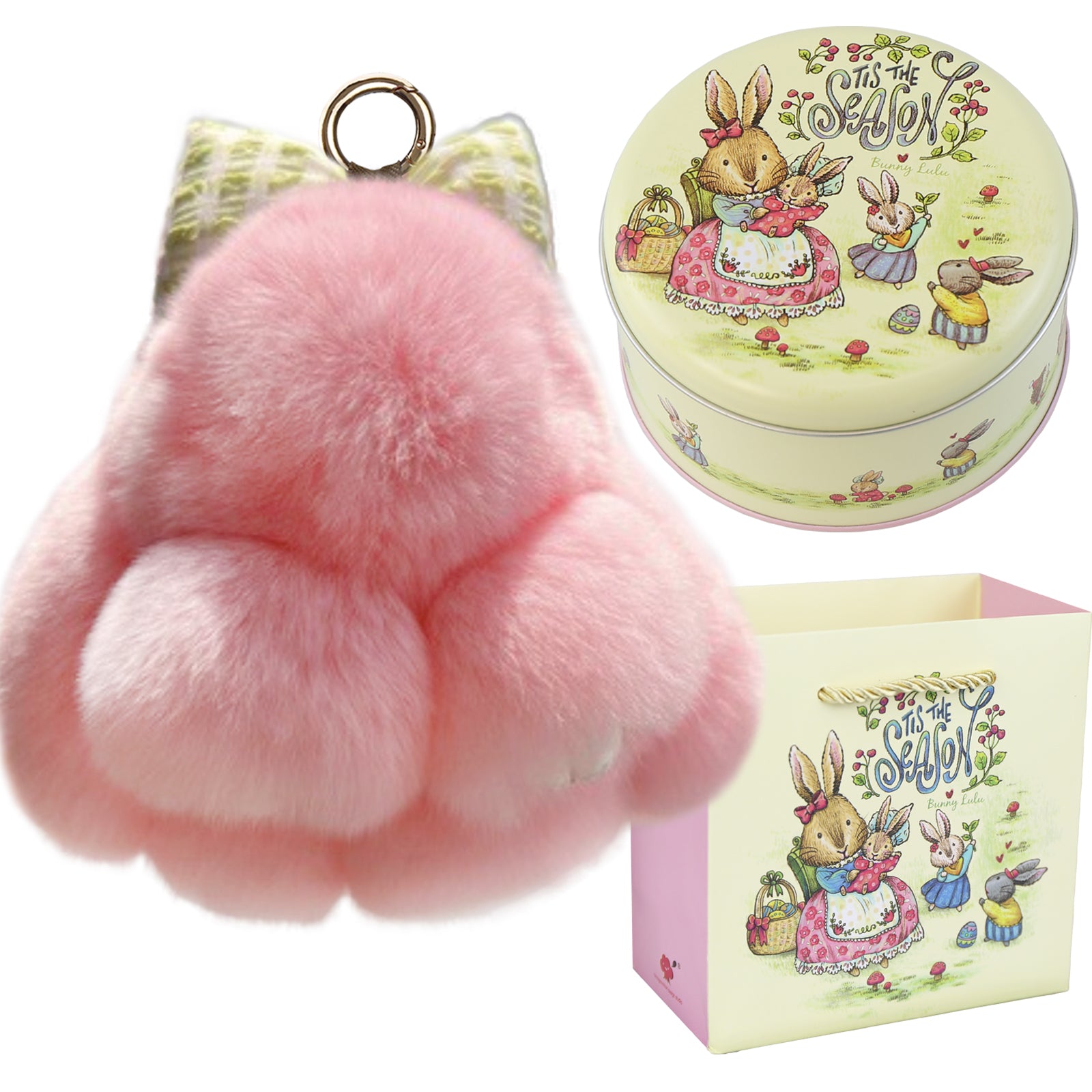 Bunny Lulu Keychain with Tin & Bag Rabbit Fur Bunny Lulu Keychain With Bow for Women Cute Soft Plush Accessory