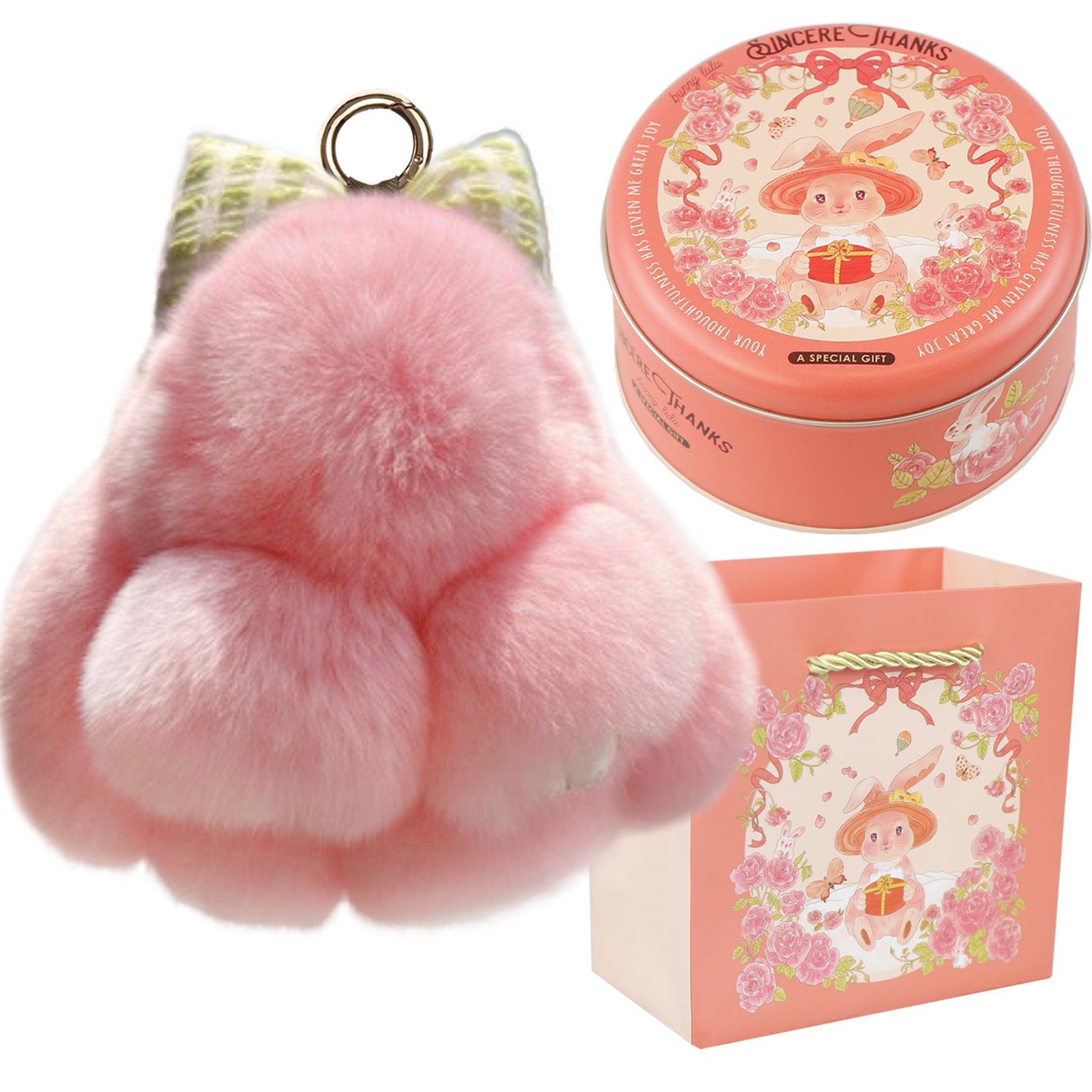 Bunny Lulu Keychain with Tin & Bag Rabbit Fur Bunny Lulu Keychain With Bow for Women Cute Soft Plush Accessory