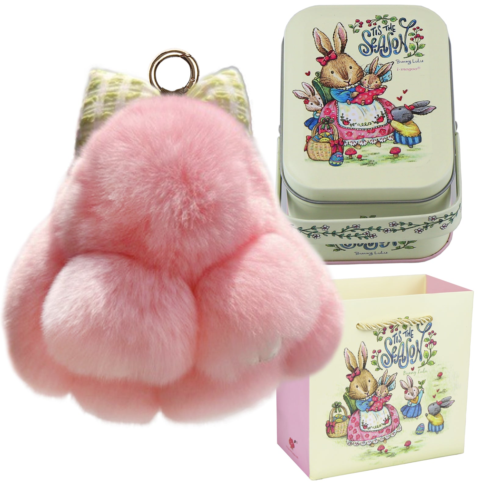 Bunny Lulu Keychain with Tin & Bag Rabbit Fur Bunny Lulu Keychain With Bow for Women Cute Soft Plush Accessory