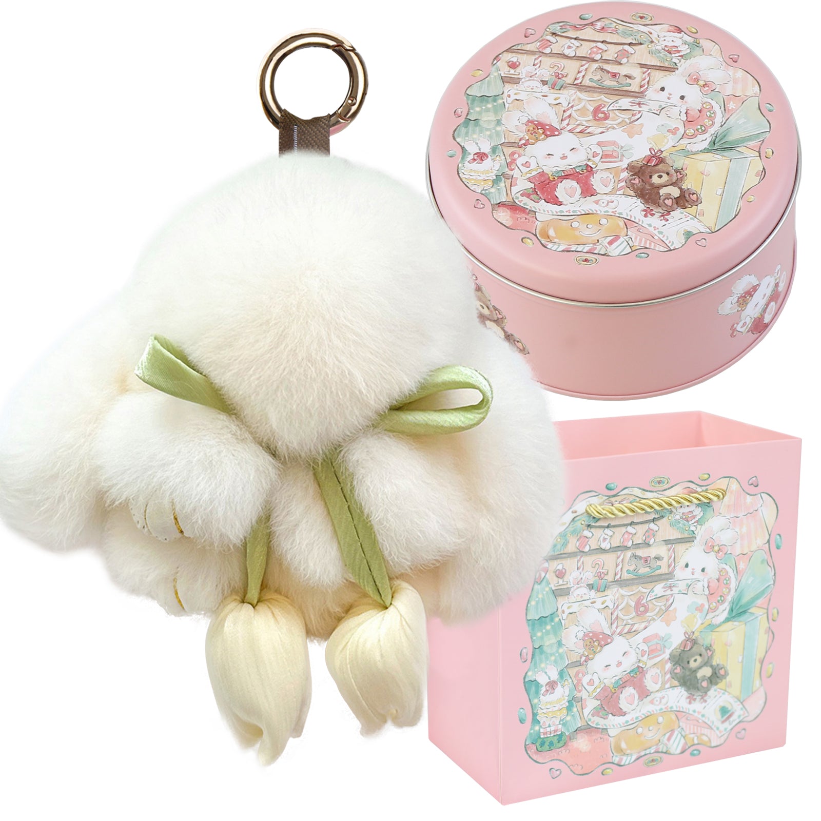 Bunny Lulu Keychain with Tin & Bag Soft Cute Plush Fluffy Tulip Bunnylulu Keychain with Optional Tin and Bag