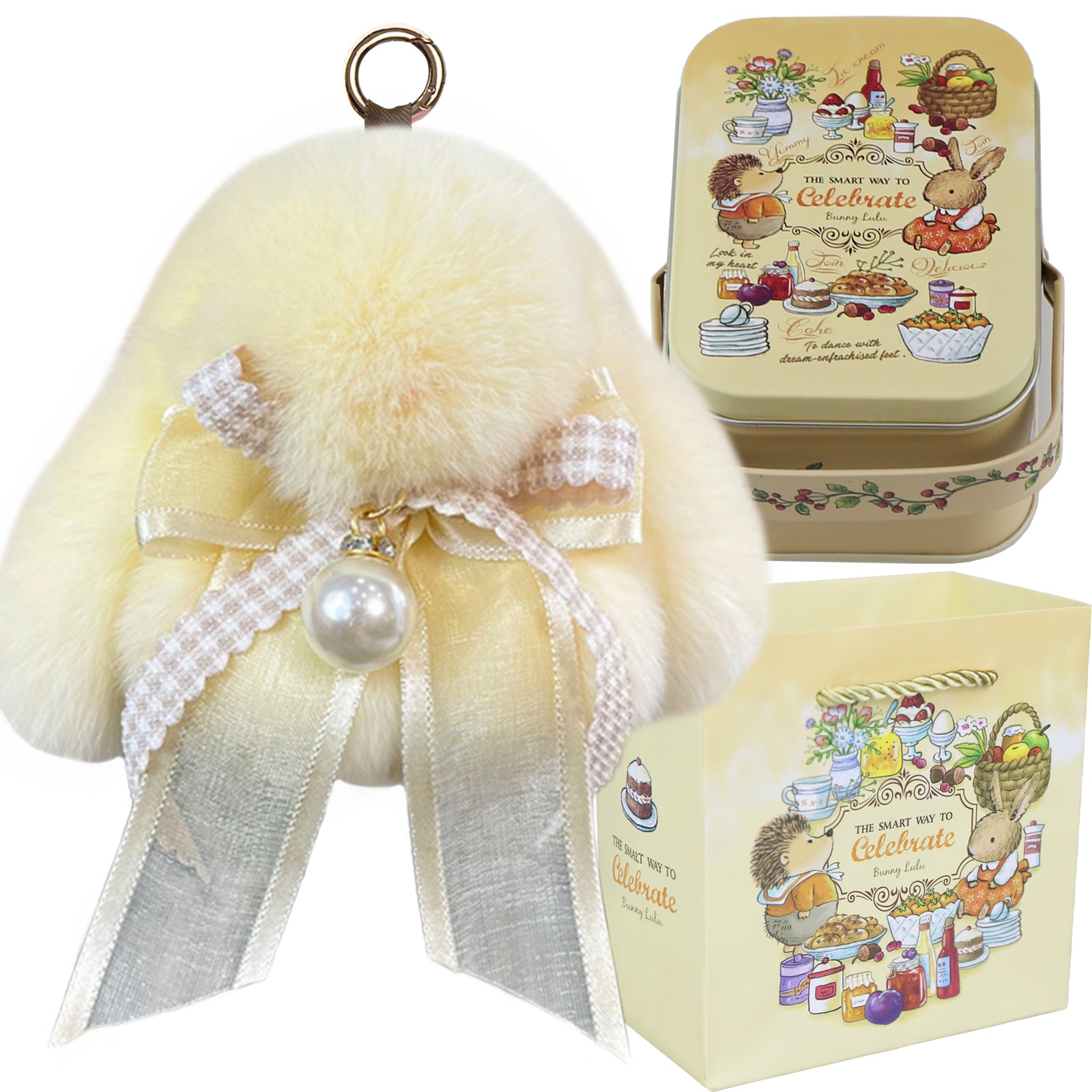 Bunny Lulu Keychain with Tin & Bag Soft Plush Bunny Keychian with Pearl Bow Key Accessory Ideal Choice for Birthday Anniversary & Holiday