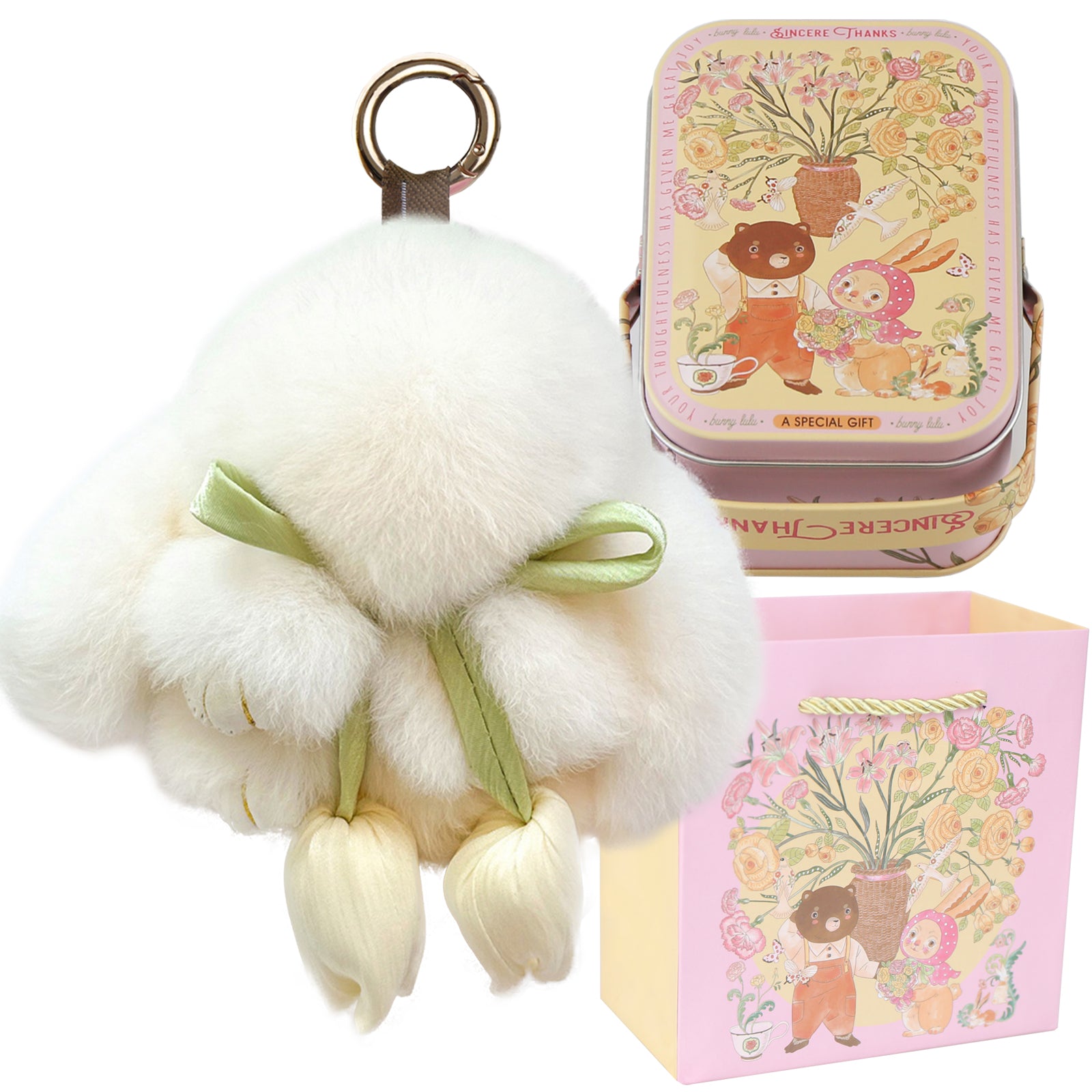 Bunny Lulu Keychain with Tin & Bag Soft Cute Plush Fluffy Tulip Bunnylulu Keychain with Optional Tin and Bag