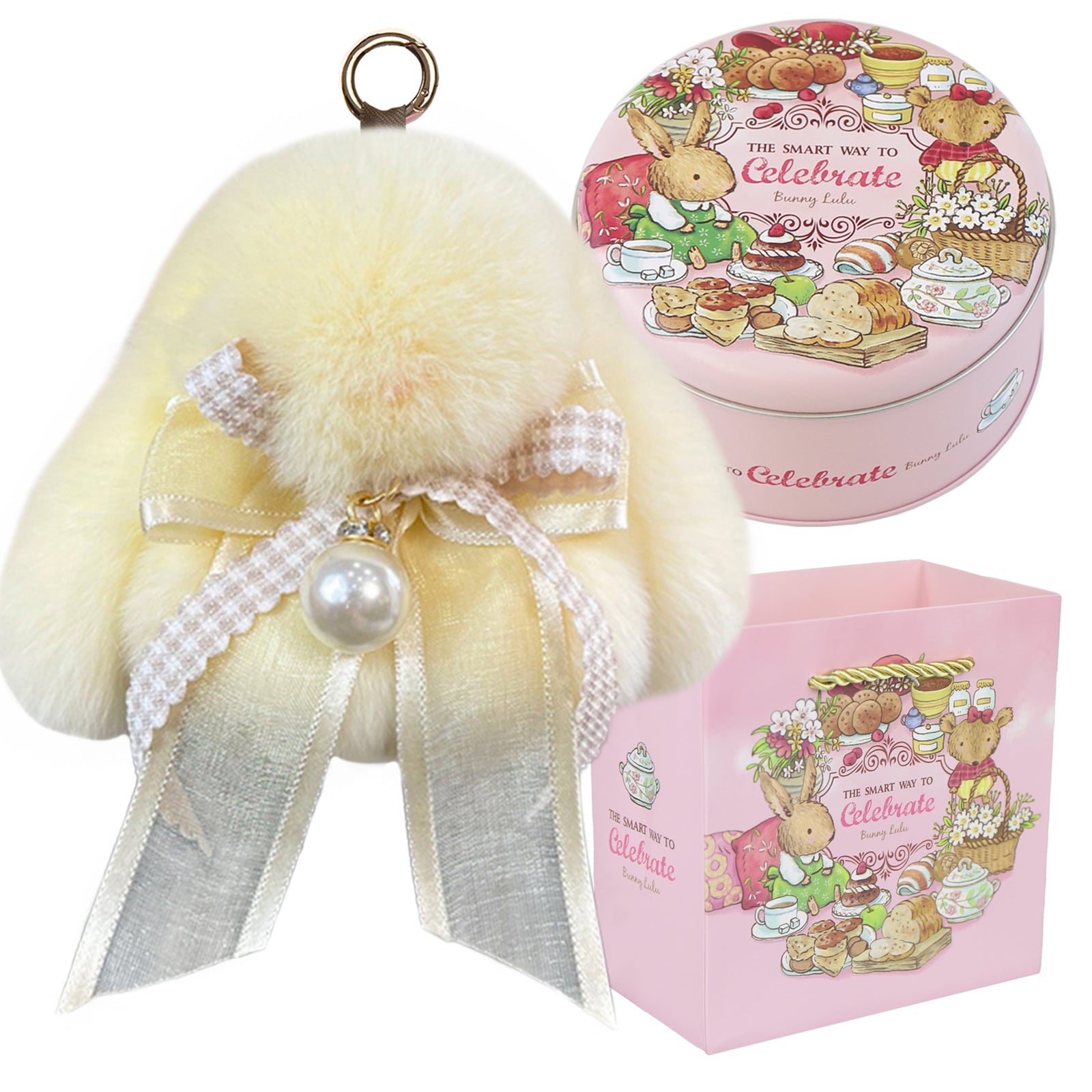 Bunny Lulu Keychain with Tin & Bag Soft Plush Bunny Keychian with Pearl Bow Key Accessory Ideal Choice for Birthday Anniversary & Holiday