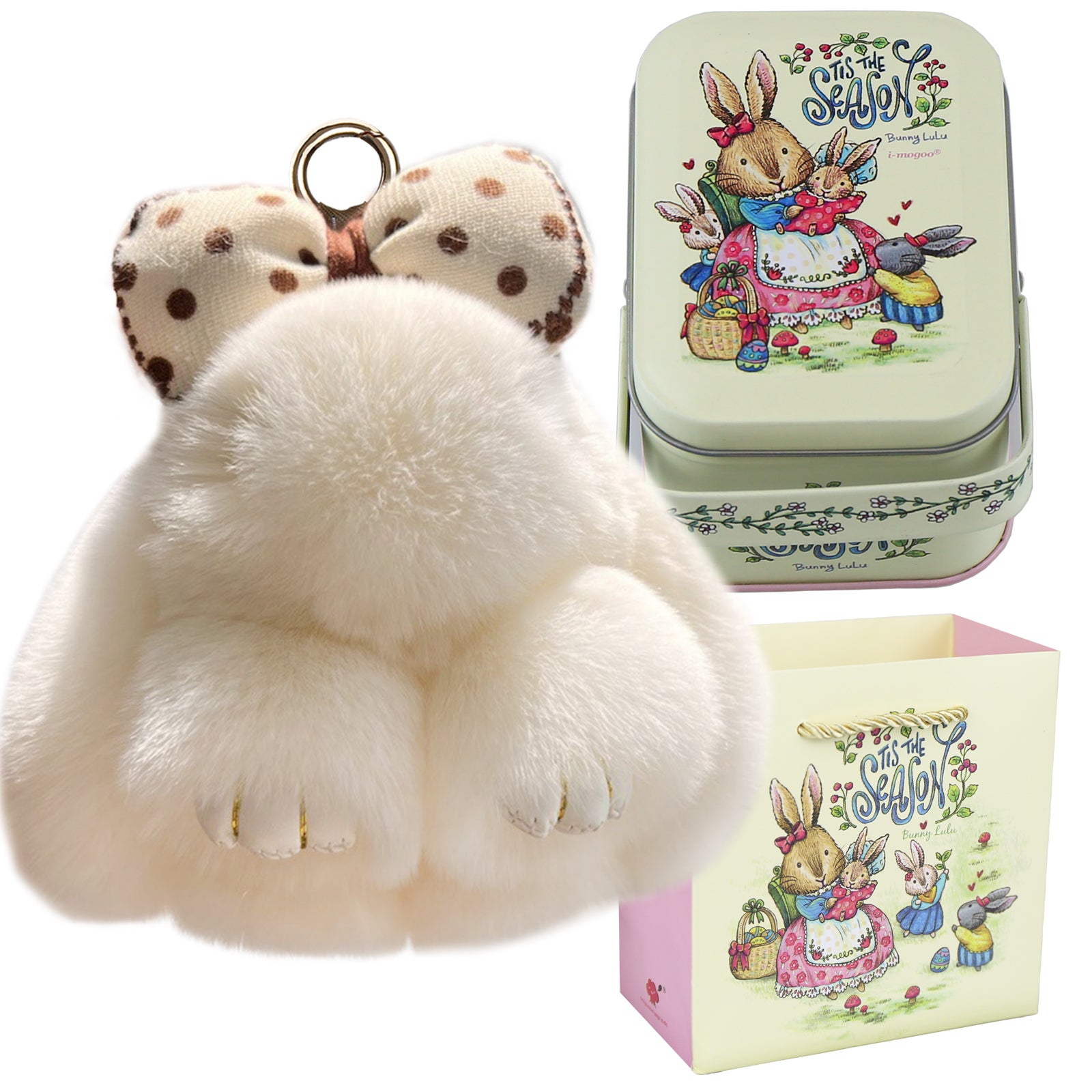 Bunny Lulu Keychain with Tin & Bag Rabbit Fur Bunny Lulu Keychain With Bow for Women Cute Soft Plush Accessory