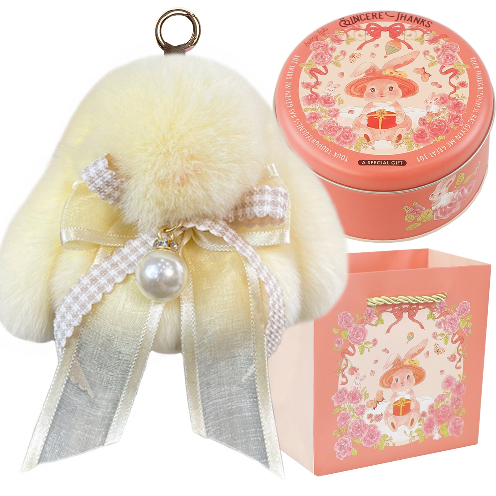Bunny Lulu Keychain with Tin & Bag Soft Plush Bunny Keychian with Pearl Bow Key Accessory Ideal Choice for Birthday Anniversary & Holiday