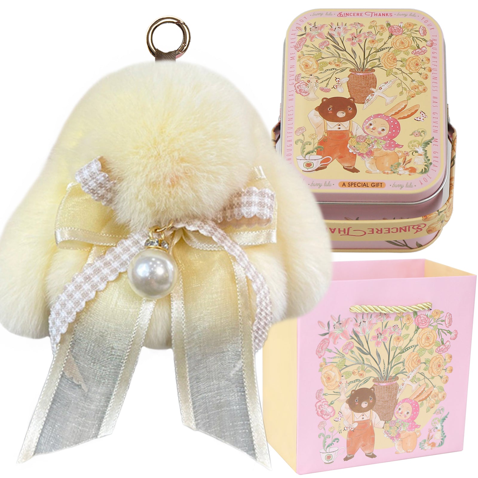 Bunny Lulu Keychain with Tin & Bag Soft Plush Bunny Keychian with Pearl Bow Key Accessory Ideal Choice for Birthday Anniversary & Holiday