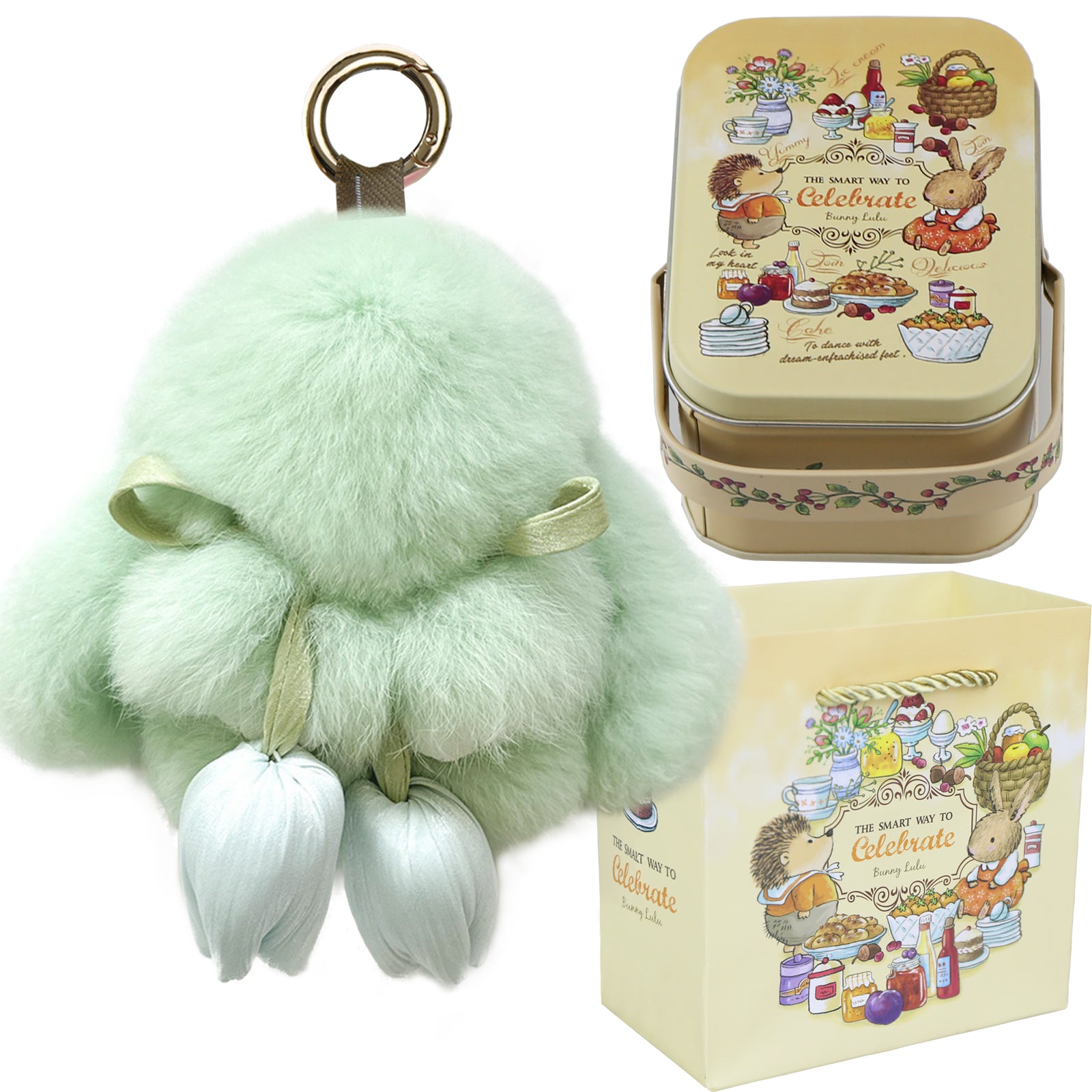 Bunny Lulu Keychain with Tin & Bag Soft Cute Plush Fluffy Tulip Bunnylulu Keychain with Optional Tin and Bag